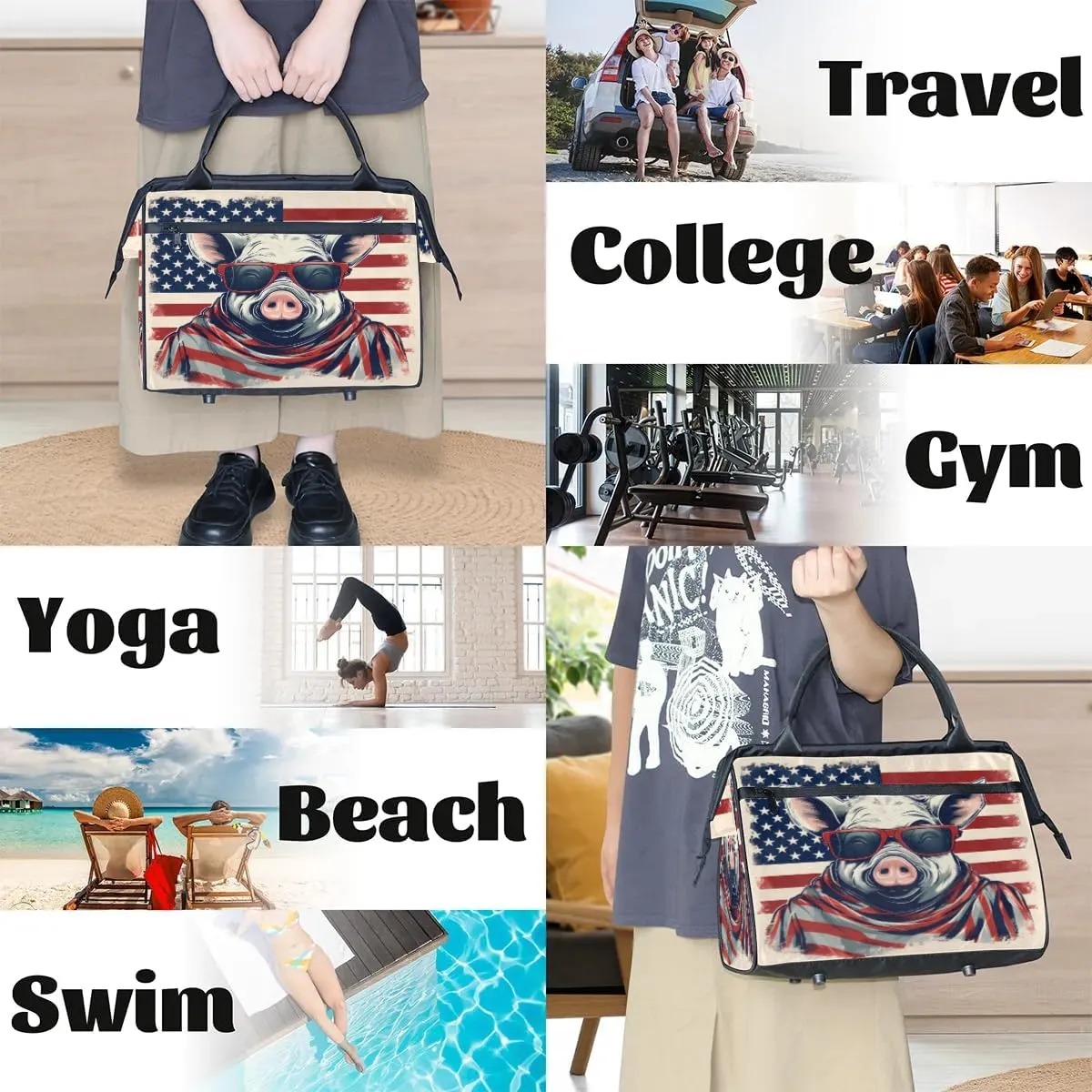 Travel Duffel Bag for Women, American Flag Pig Weekender Overnight Bag Carry on Beach Swim Bags Dance Bag Airlines Approved Personal Item Travel Bag for Yoga, Sports, Hospital