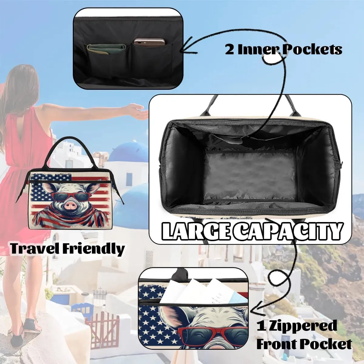 Travel Duffel Bag for Women, American Flag Pig Weekender Overnight Bag Carry on Beach Swim Bags Dance Bag Airlines Approved Personal Item Travel Bag for Yoga, Sports, Hospital