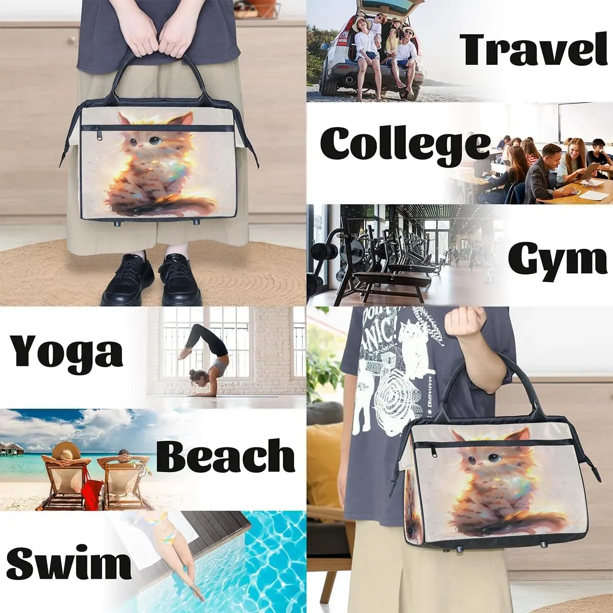Travel Duffel Bag for Women, Cute Animals Cat Weekender Overnight Bag Carry on Beach Swim Bags Dance Bag Airlines Approved Personal Item Travel Bag for Yoga, Sports, Hospital