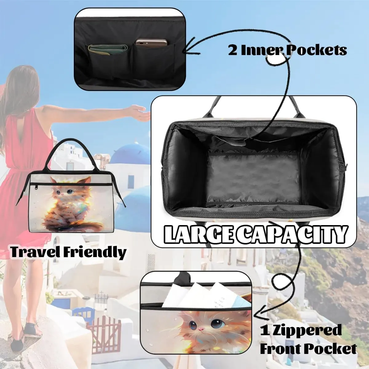 Travel Duffel Bag for Women, Cute Animals Cat Weekender Overnight Bag Carry on Beach Swim Bags Dance Bag Airlines Approved Personal Item Travel Bag for Yoga, Sports, Hospital