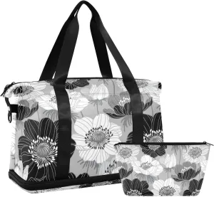 Travel Duffel Bag for Women Men Floral Pattern with Anemones Weekender Overnight Bags with Shoe Compartments Gym Duffel Bag with Toiletry Bag for Travel Sport Yoga 17 Inch