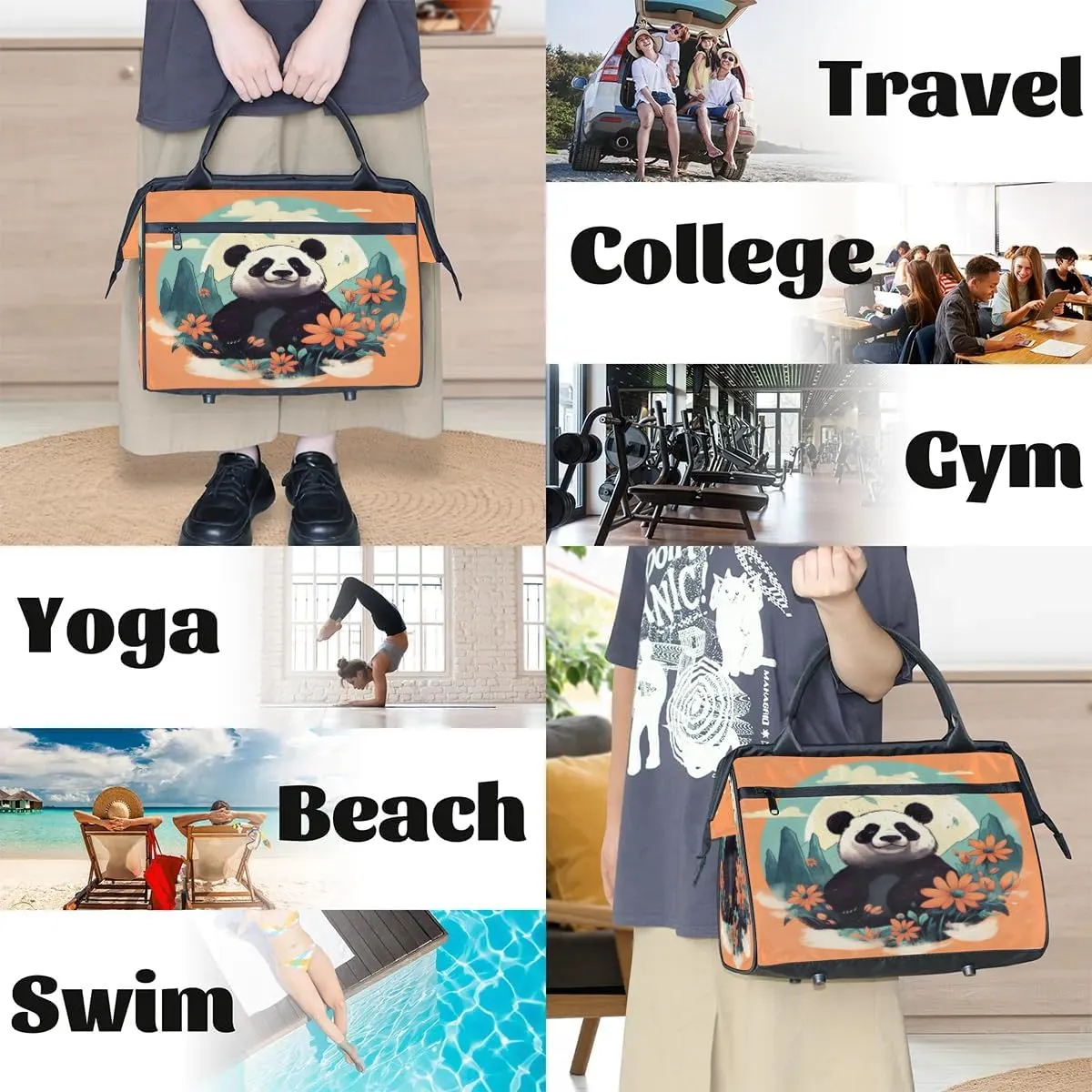 Travel Duffel Bag for Women, Panda Weekender Overnight Bag Carry on Beach Swim Bags Dance Bag Airlines Approved Personal Item Travel Bag for Yoga, Sports, Hospital