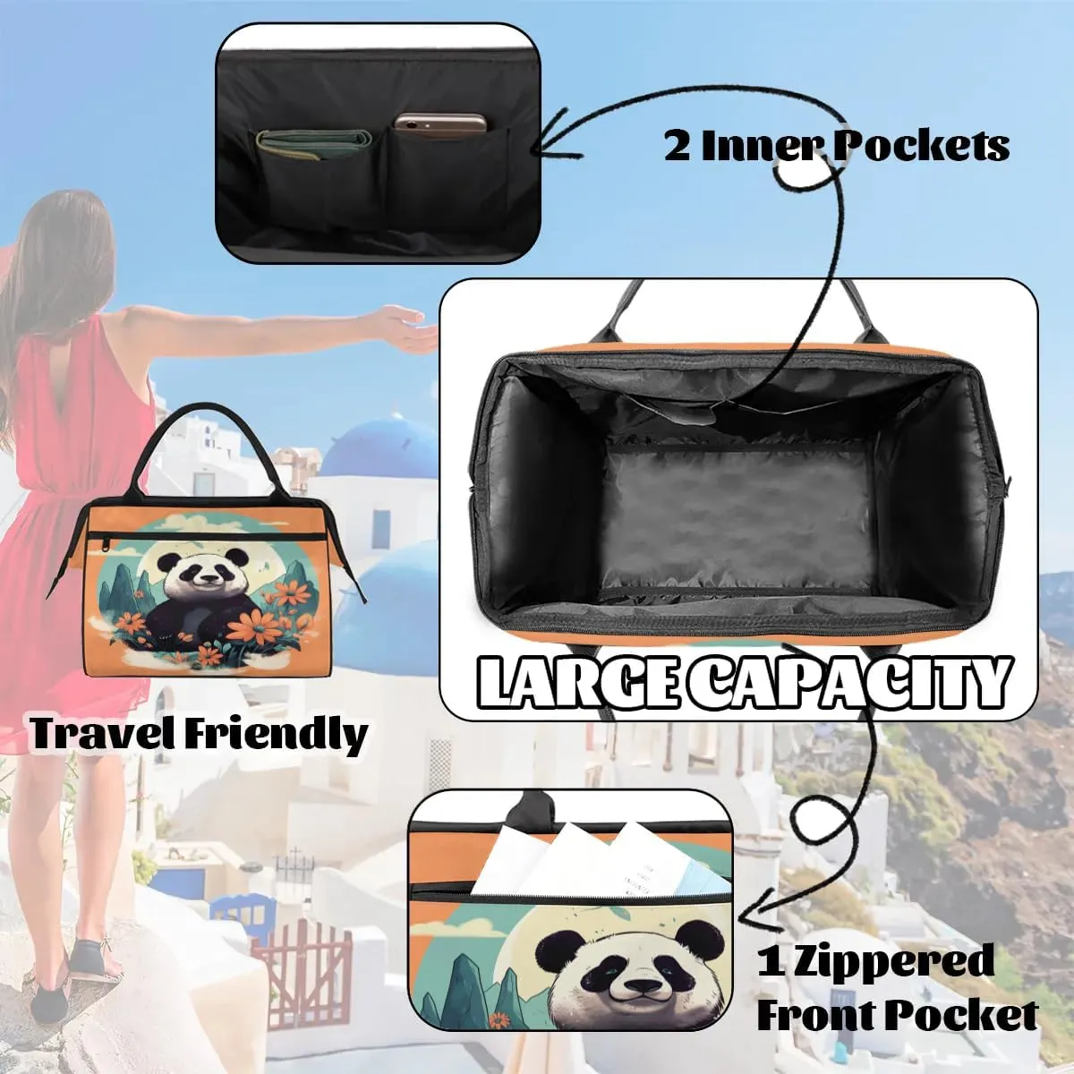 Travel Duffel Bag for Women, Panda Weekender Overnight Bag Carry on Beach Swim Bags Dance Bag Airlines Approved Personal Item Travel Bag for Yoga, Sports, Hospital