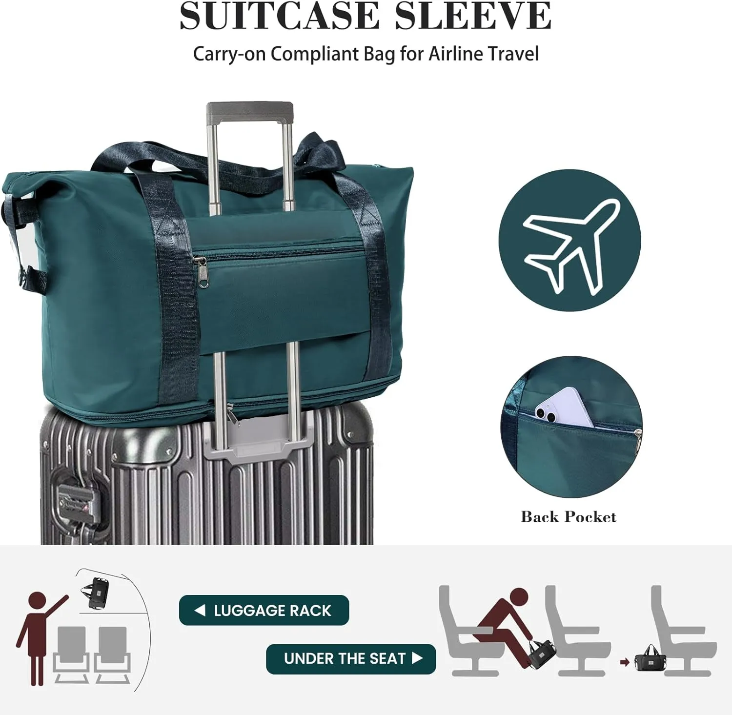 Travel Duffel Bag - Large Shoulder Weekender Overnight Bag, Carry on Bag with Wet Pocket, Waterproof Expandable Duffel Bag with Trolley Sleeve, Sports Tote Gym Bag for Women, Peacock blue