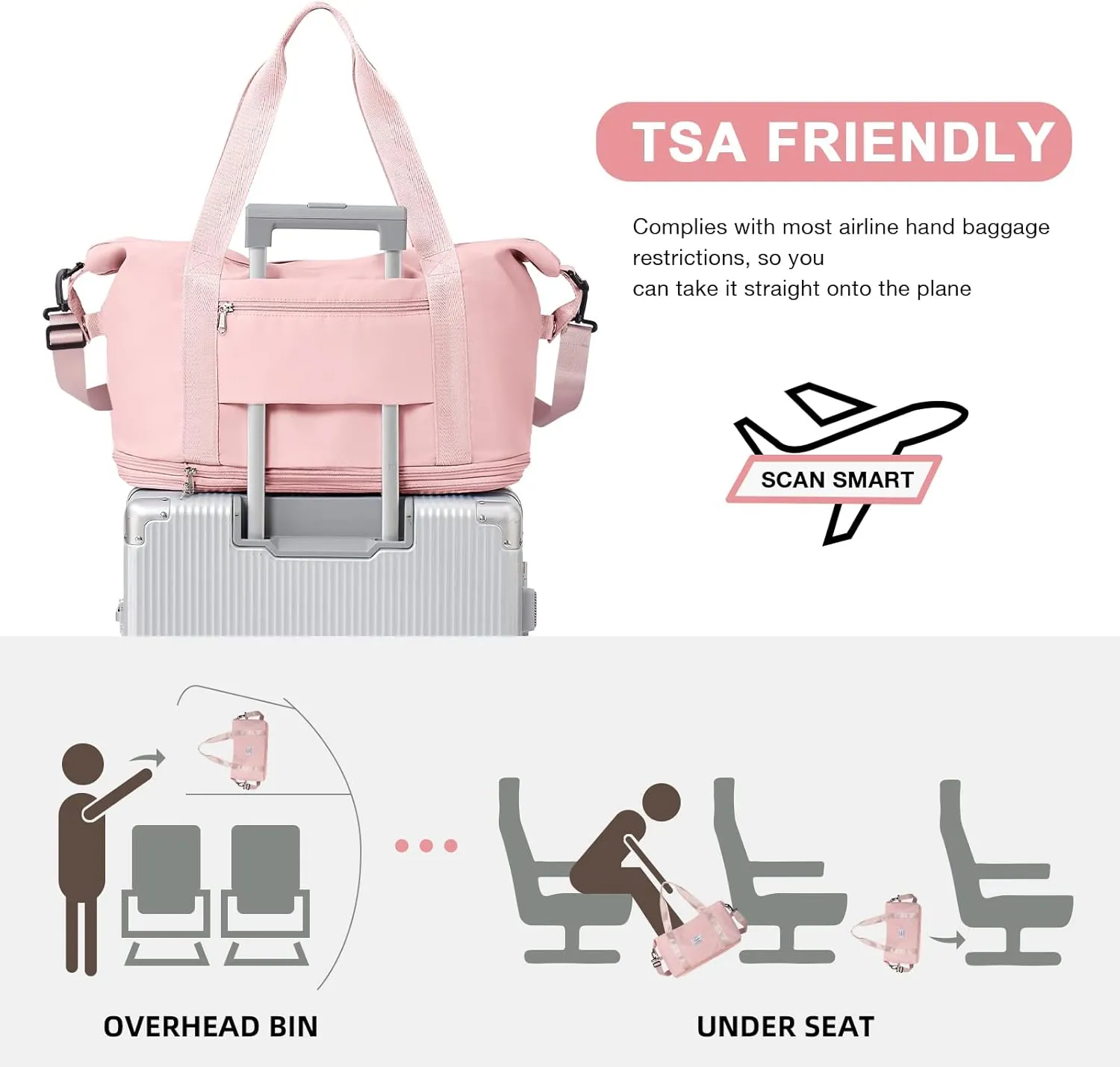 Travel Duffel Bag, Sports Tote Gym Bag, Shoulder Weekender Overnight Bag for Women