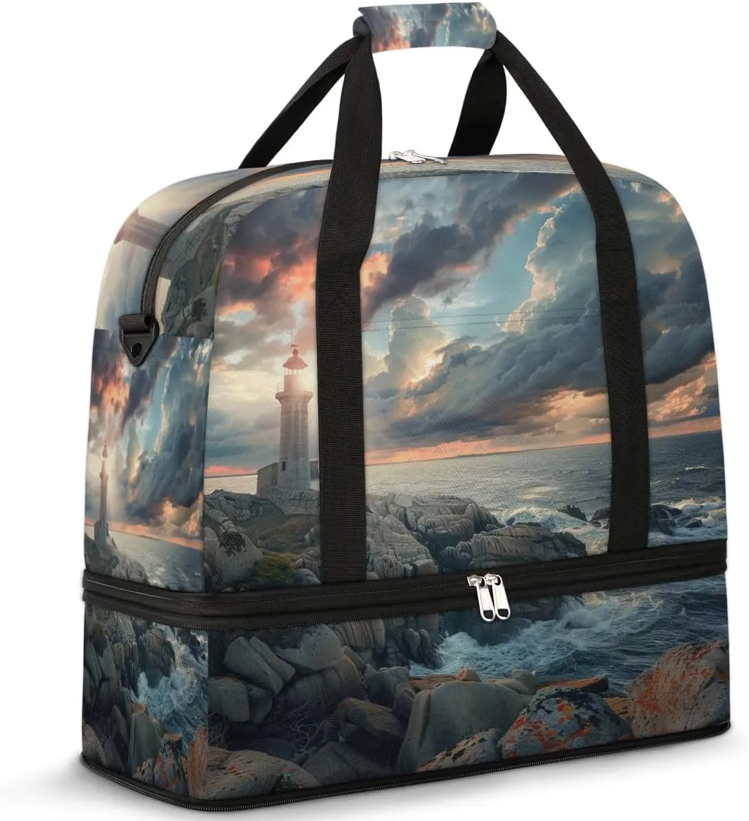 Travel Duffel Bag with Shoe Compartment, Lighthouse Seashore Clouds Shoulder Weekender Bags for Women, Foldable Waterproof Travel Bag Carry on Bag