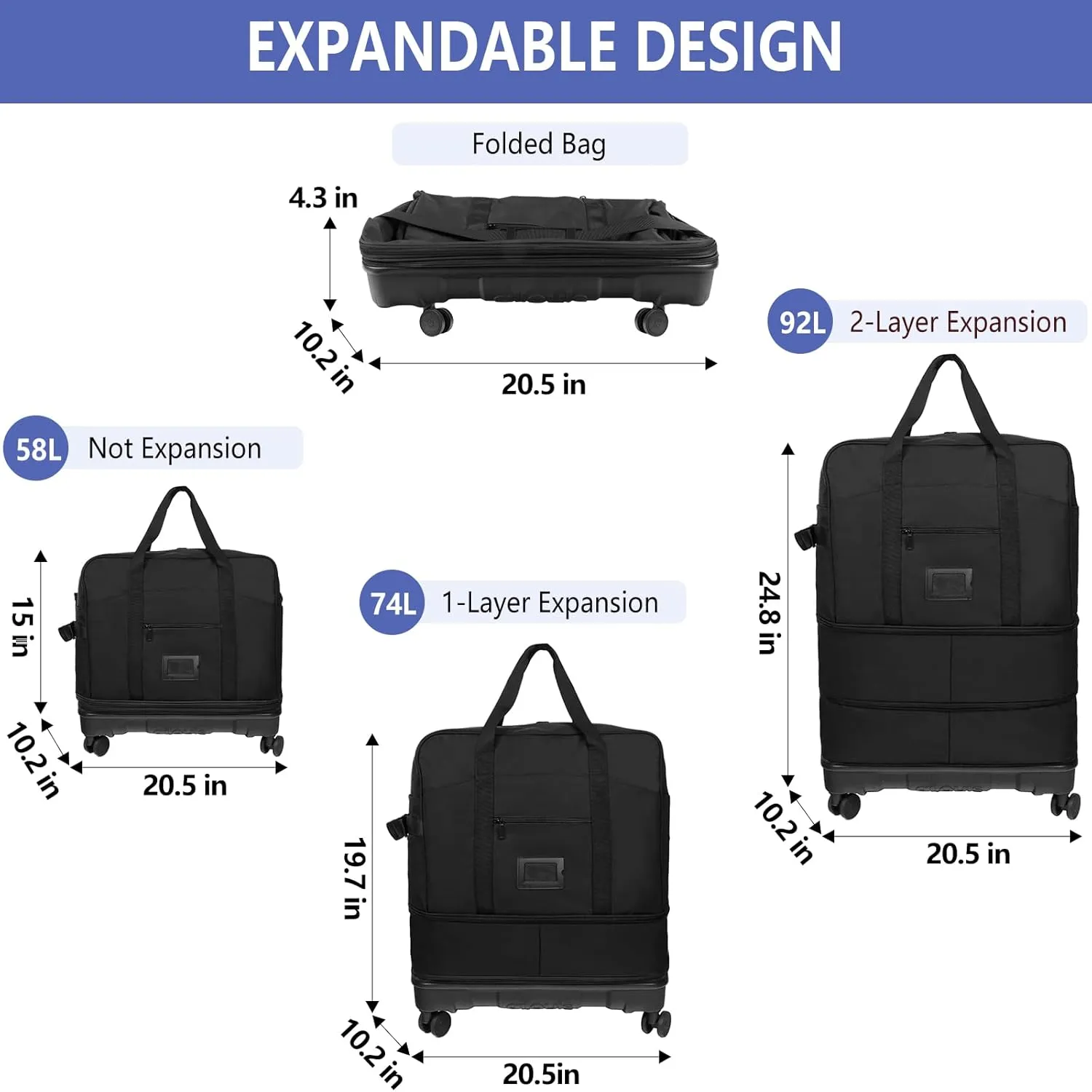Travel Duffel Bag with Wheels,Expandable Foldable Travel Bag with Telescoping Handle,Which Can Be Used As Carrying Bags And Placed On Suitcases,Large Suitcase for Men Women