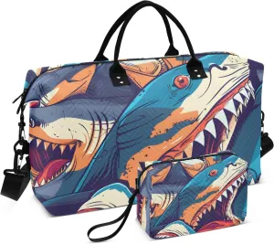 Travel Duffle Bag, Angry Sharks Gym Bag with Storage Bag Weekender Overnight Bag for Men Women Trip Sports Yoga