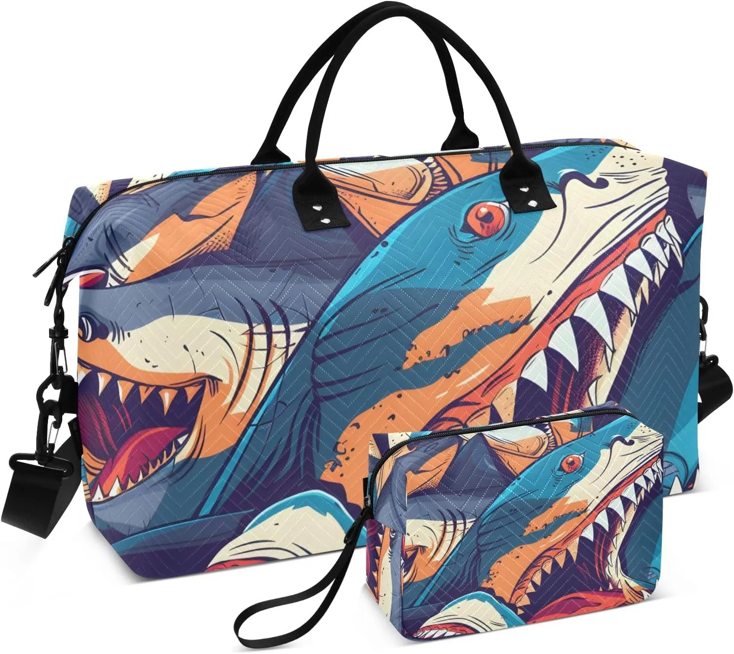 Travel Duffle Bag, Angry Sharks Gym Bag with Storage Bag Weekender Overnight Bag for Men Women Trip Sports Yoga