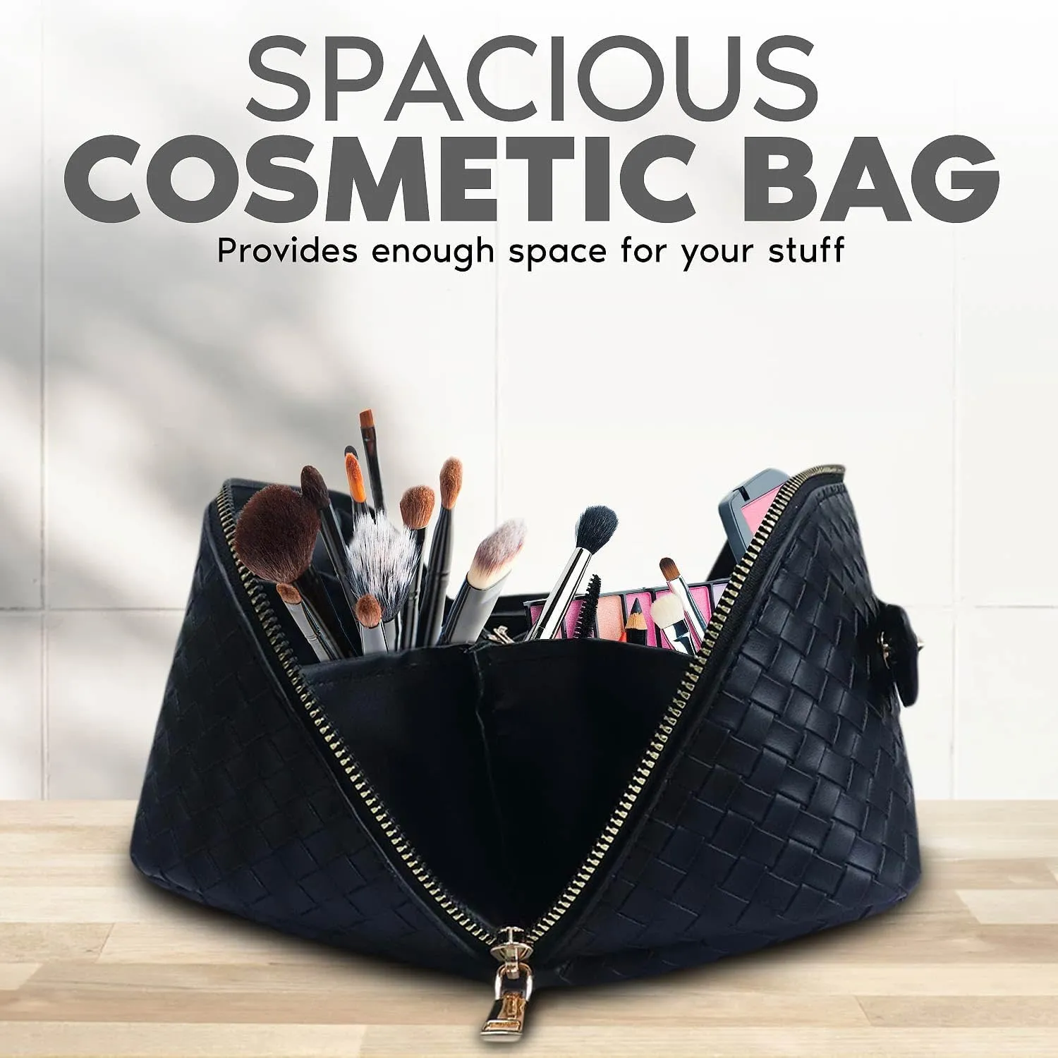 Travel Makeup Bag, Large Capacity Cosmetic Bag for Women, Large Makeup Organizer, PU Leather Waterproof Makeup bag, Travel Toiletry Bag Open flat Makeup Bag with Dividers and Handle (Woven, Black)