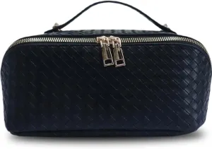 Travel Makeup Bag, Large Capacity Cosmetic Bag for Women, Large Makeup Organizer, PU Leather Waterproof Makeup bag, Travel Toiletry Bag Open flat Makeup Bag with Dividers and Handle (Woven, Black)