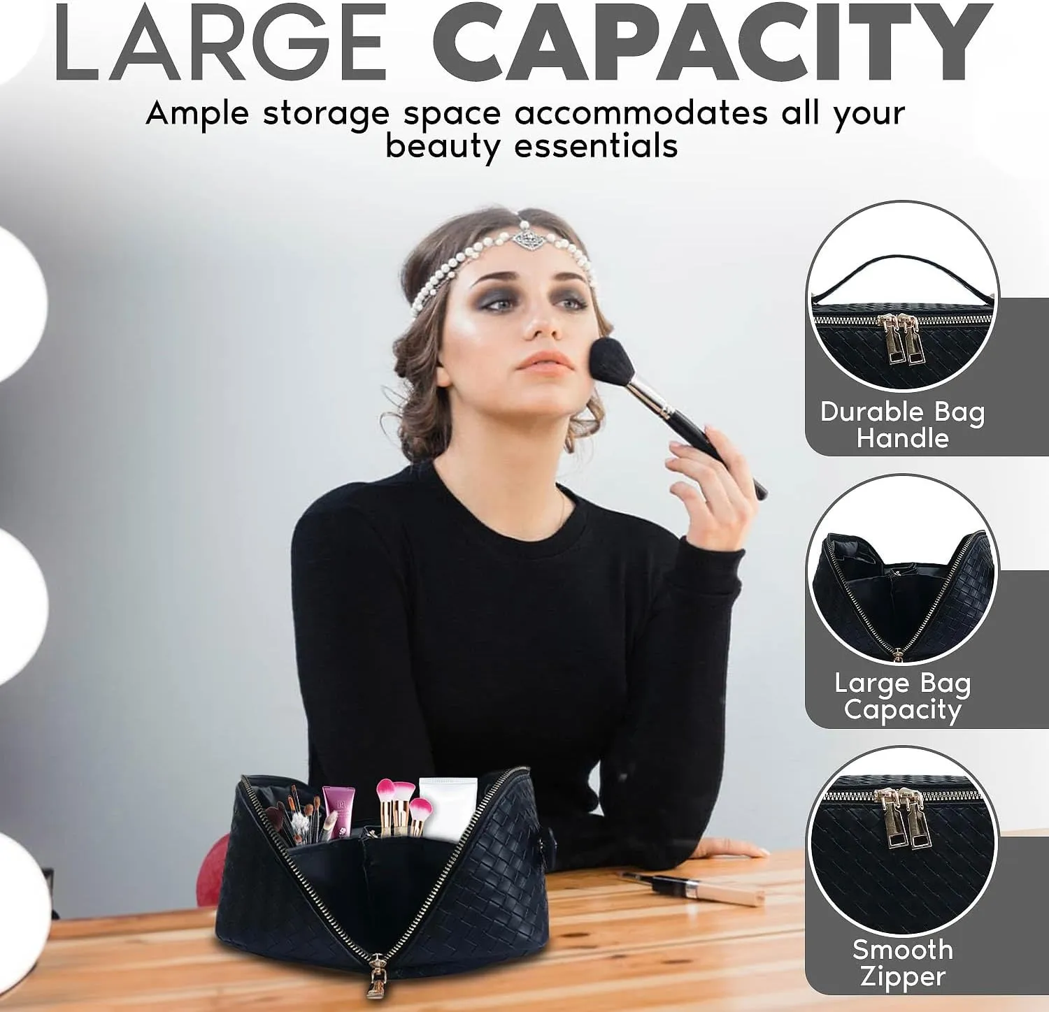 Travel Makeup Bag, Large Capacity Cosmetic Bag for Women, Large Makeup Organizer, PU Leather Waterproof Makeup bag, Travel Toiletry Bag Open flat Makeup Bag with Dividers and Handle (Woven, Black)