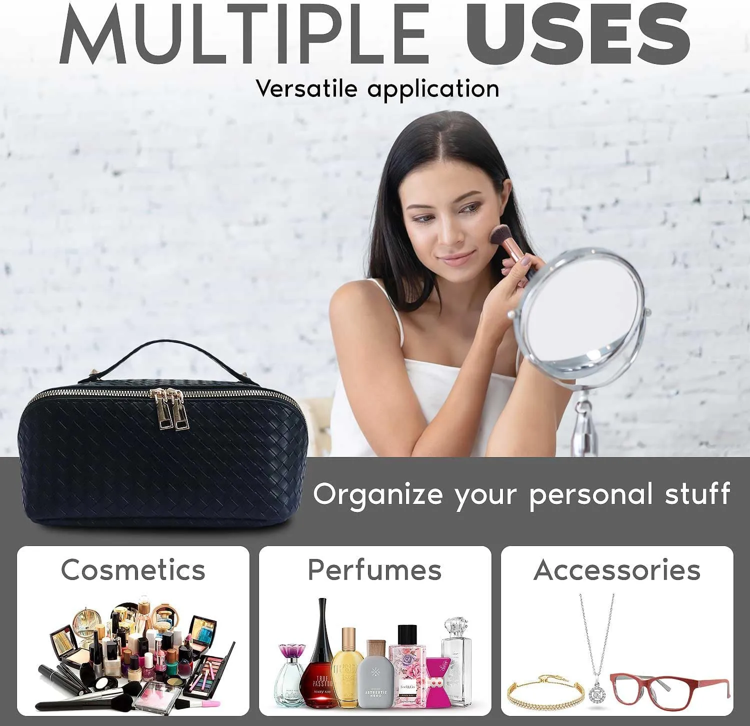 Travel Makeup Bag, Large Capacity Cosmetic Bag for Women, Large Makeup Organizer, PU Leather Waterproof Makeup bag, Travel Toiletry Bag Open flat Makeup Bag with Dividers and Handle (Woven, Black)