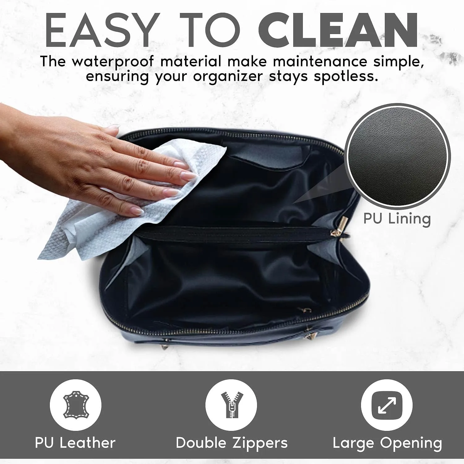 Travel Makeup Bag, Large Capacity Cosmetic Bag for Women, Large Makeup Organizer, PU Leather Waterproof Makeup bag, Travel Toiletry Bag Open flat Makeup Bag with Dividers and Handle (Woven, Black)