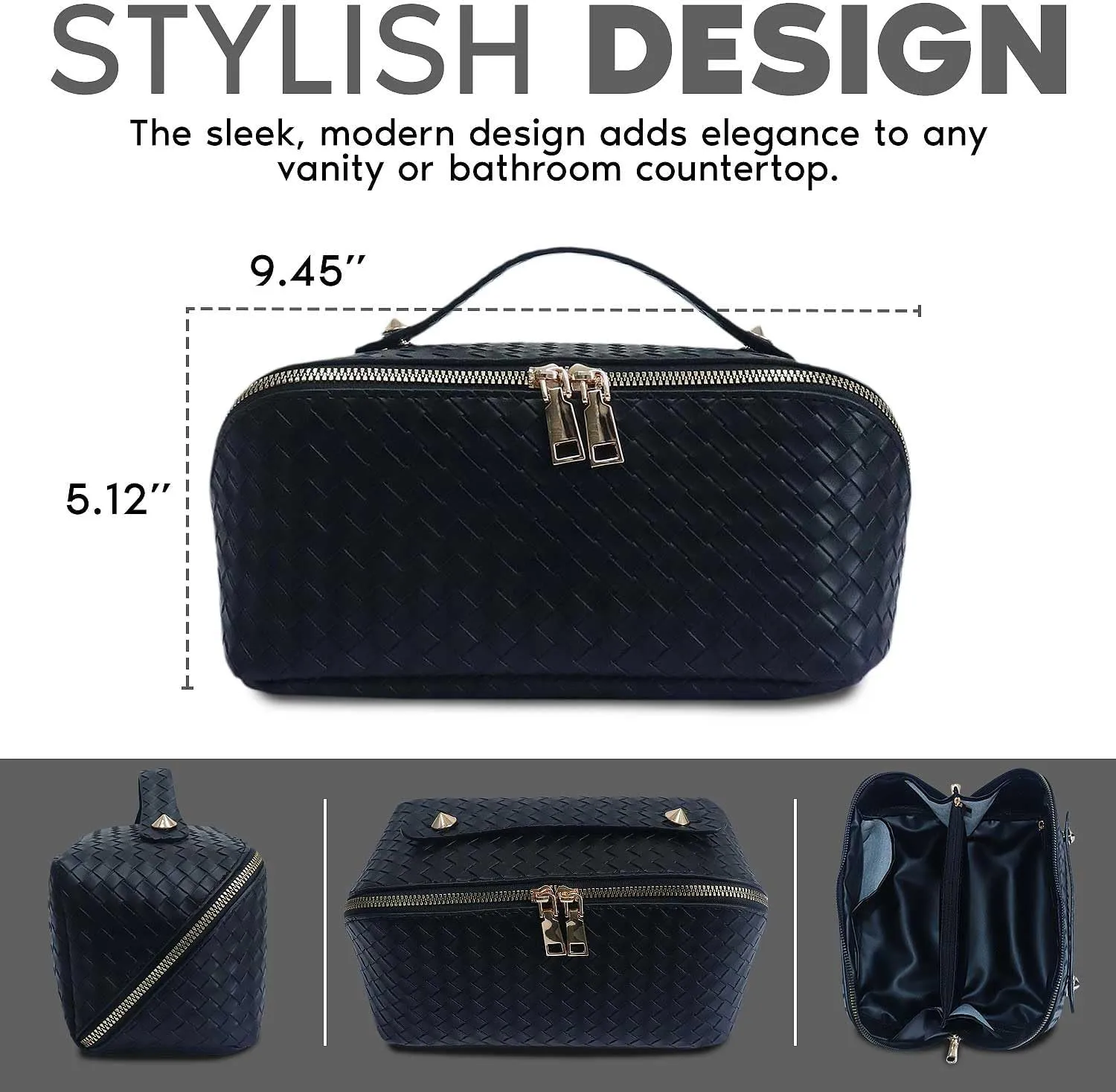 Travel Makeup Bag, Large Capacity Cosmetic Bag for Women, Large Makeup Organizer, PU Leather Waterproof Makeup bag, Travel Toiletry Bag Open flat Makeup Bag with Dividers and Handle (Woven, Black)