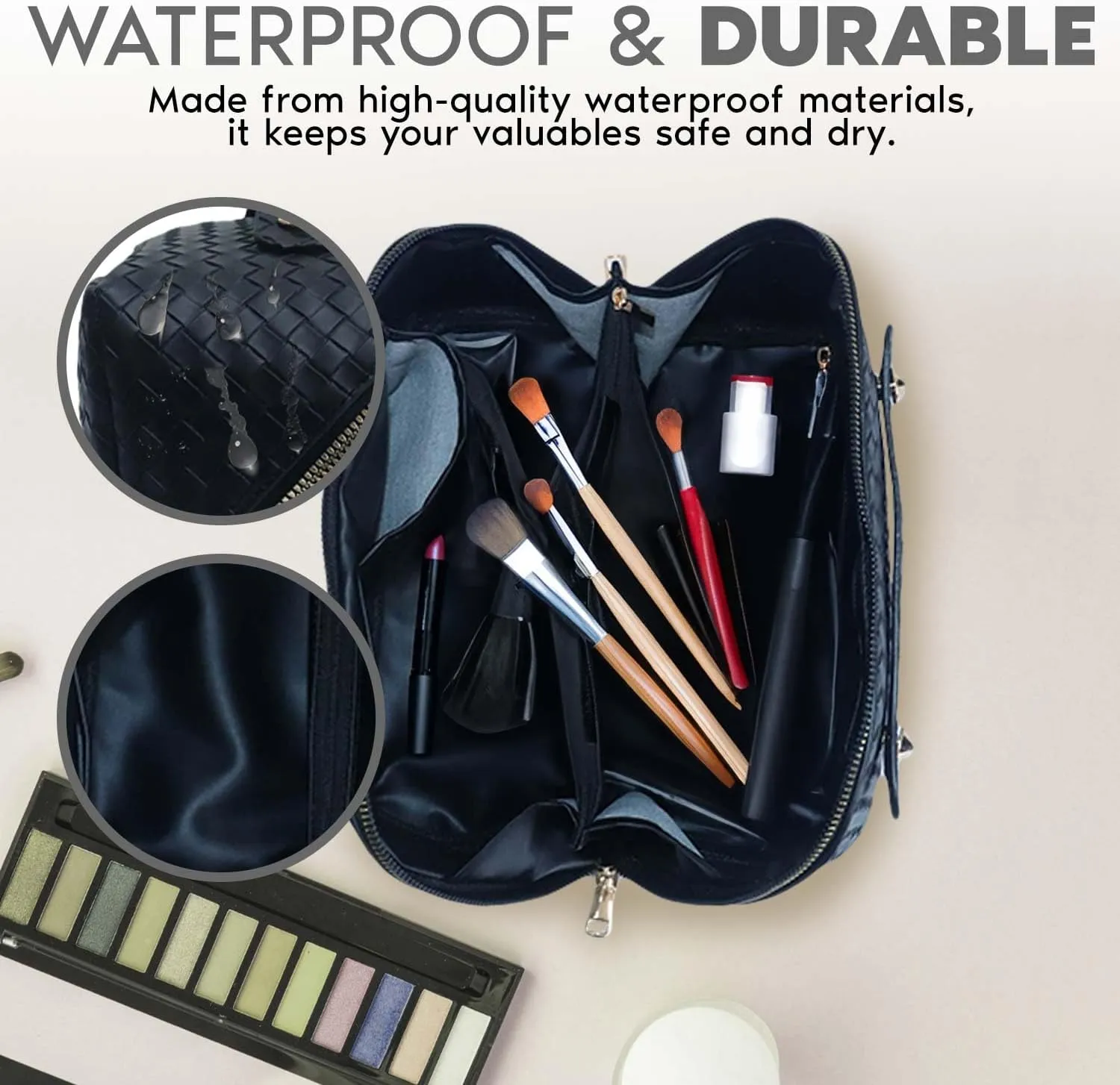 Travel Makeup Bag, Large Capacity Cosmetic Bag for Women, Large Makeup Organizer, PU Leather Waterproof Makeup bag, Travel Toiletry Bag Open flat Makeup Bag with Dividers and Handle (Woven, Black)
