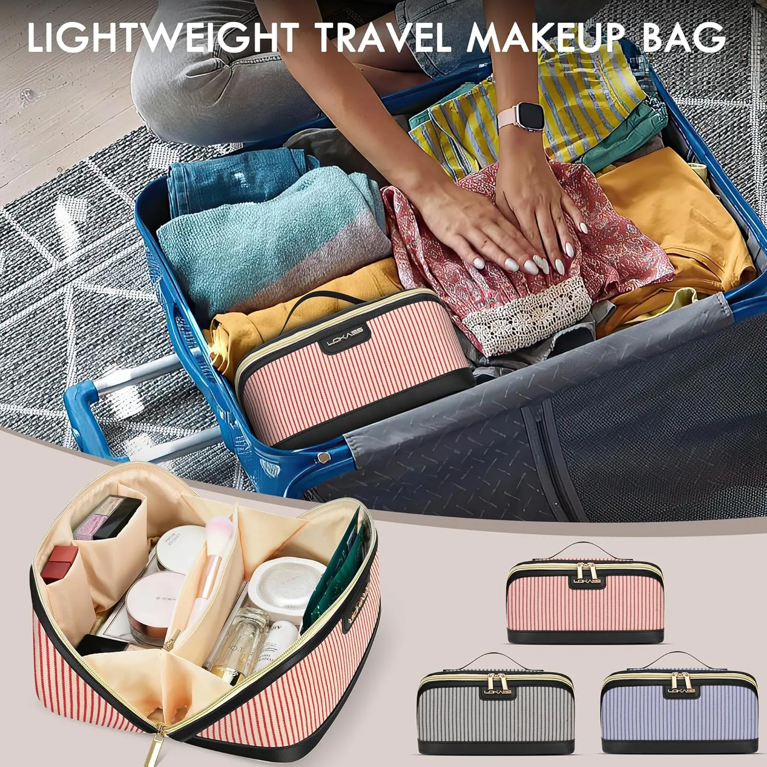Travel Makeup Bag, Large Capacity Cosmetic Bags for Women, Water-Resistant Portable Travel Toiletry Bag Skincare Bag Stuff for Women with Handle and Divider Open Flat PU Bottom