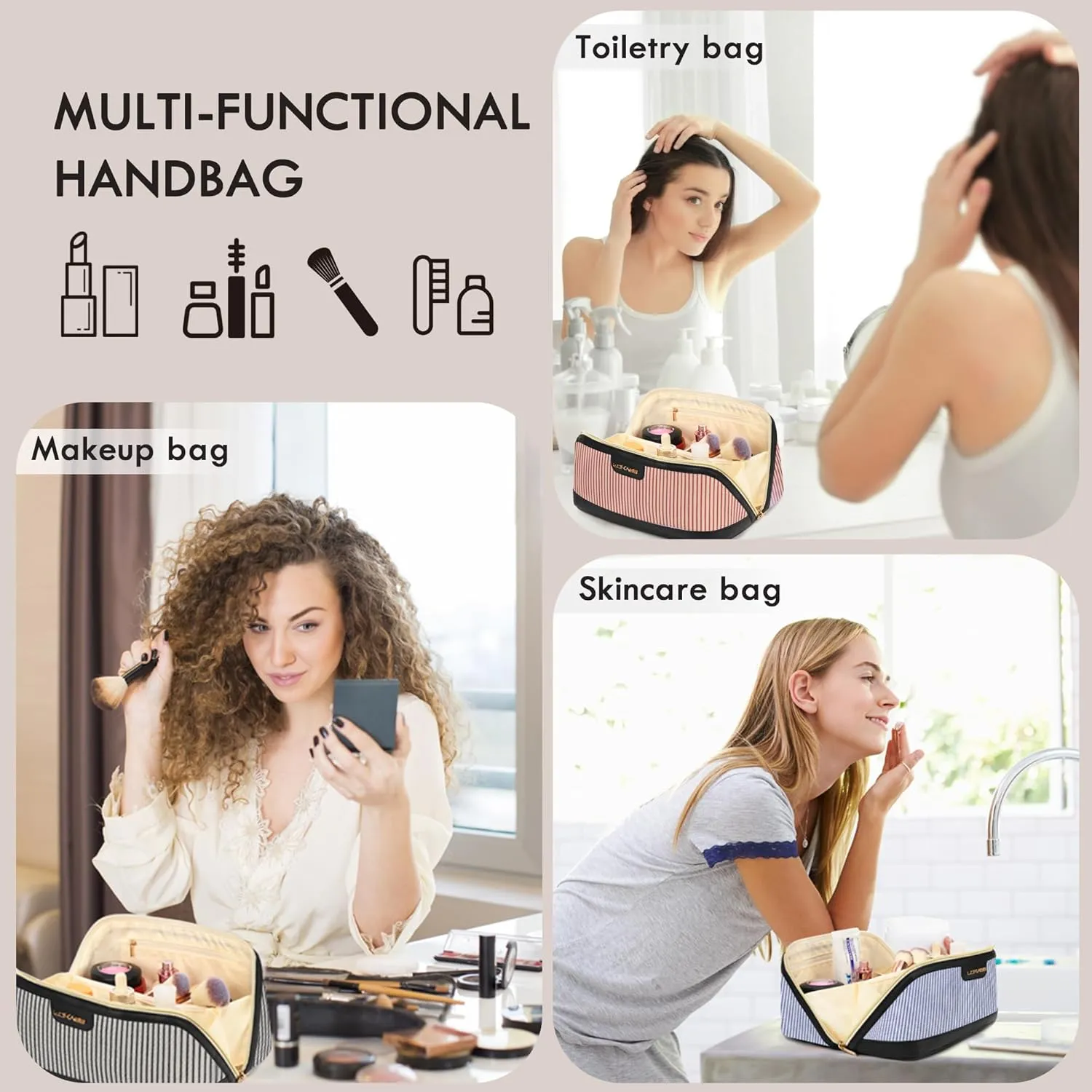 Travel Makeup Bag, Large Capacity Cosmetic Bags for Women, Water-Resistant Portable Travel Toiletry Bag Skincare Bag Stuff for Women with Handle and Divider Open Flat PU Bottom