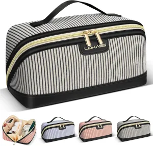 Travel Makeup Bag, Large Capacity Cosmetic Bags for Women, Water-Resistant Portable Travel Toiletry Bag Skincare Bag Stuff for Women with Handle and Divider Open Flat PU Bottom