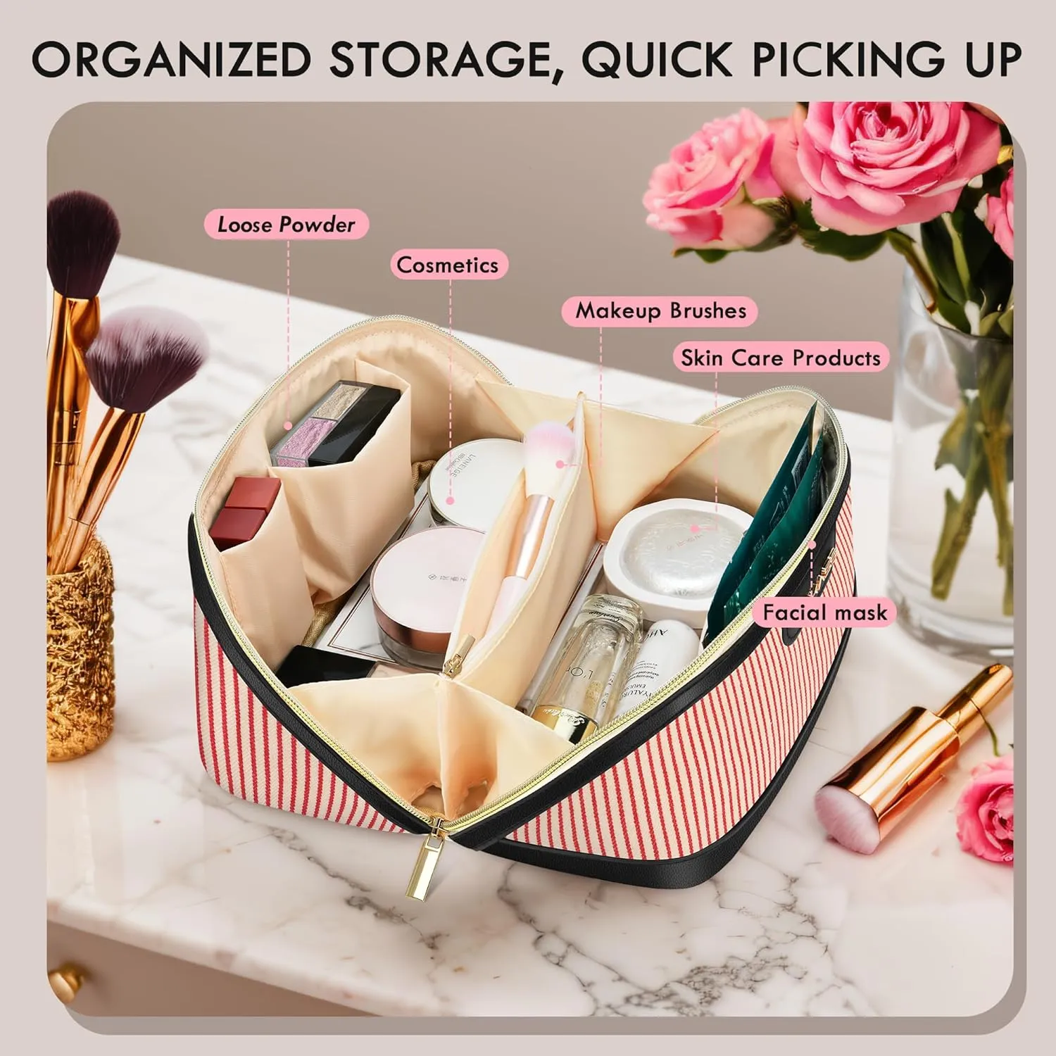 Travel Makeup Bag, Large Capacity Cosmetic Bags for Women, Water-Resistant Portable Travel Toiletry Bag Skincare Bag Stuff for Women with Handle and Divider Open Flat PU Bottom