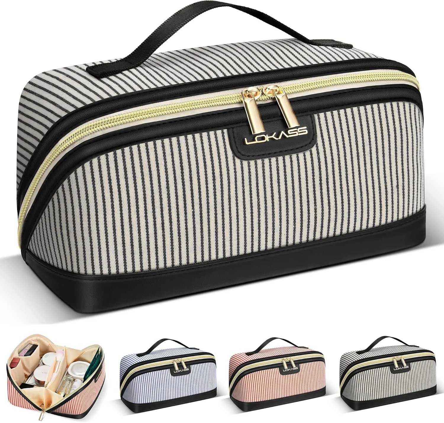 Travel Makeup Bag, Large Capacity Cosmetic Bags for Women, Water-Resistant Portable Travel Toiletry Bag Skincare Bag Stuff for Women with Handle and Divider Open Flat PU Bottom