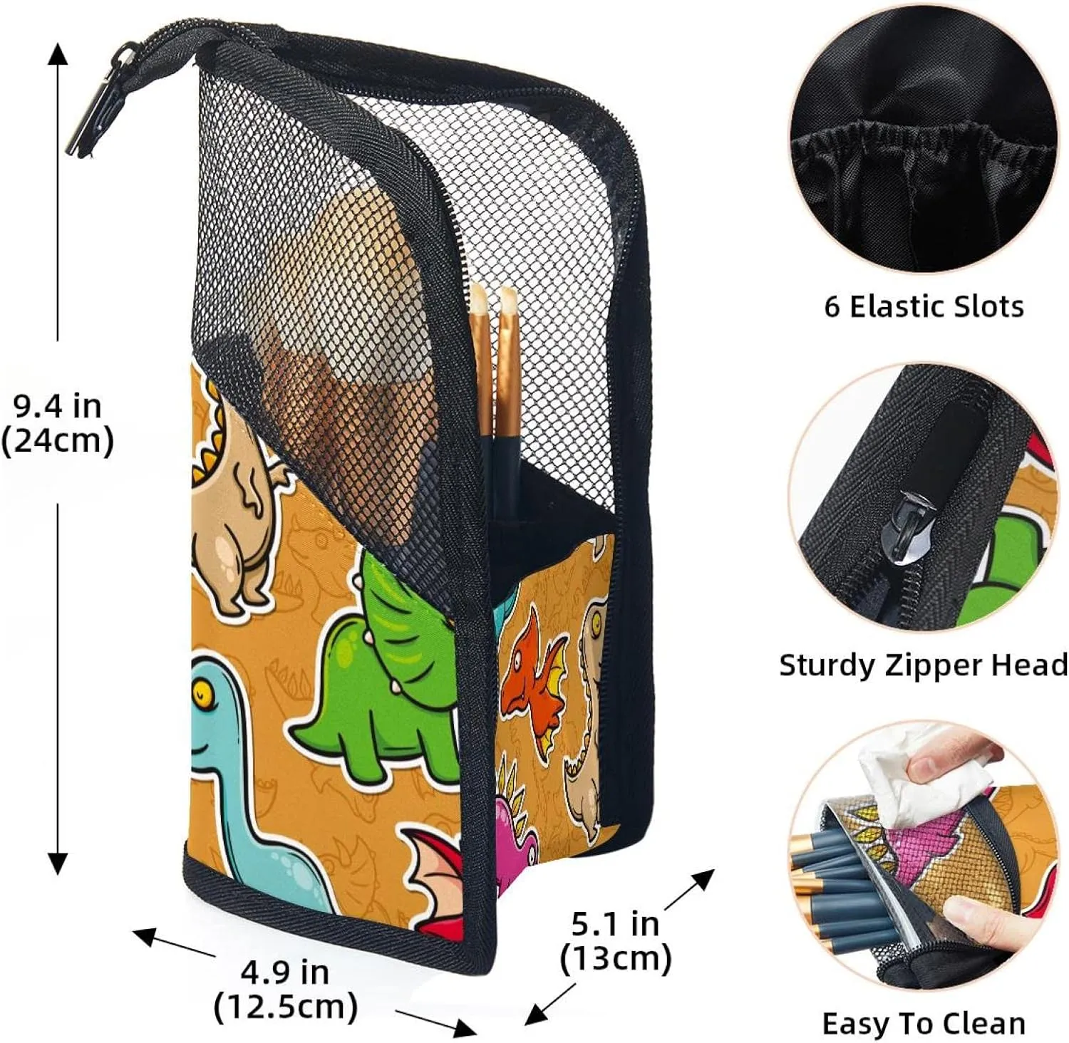 Travel Makeup Brush Holder, Large Stand-Up Makeup Brush Case, Professional Brush Organizer Foldable Makeup Artist Brush Storage Bag - Colorful Beast Dinosaur Orange