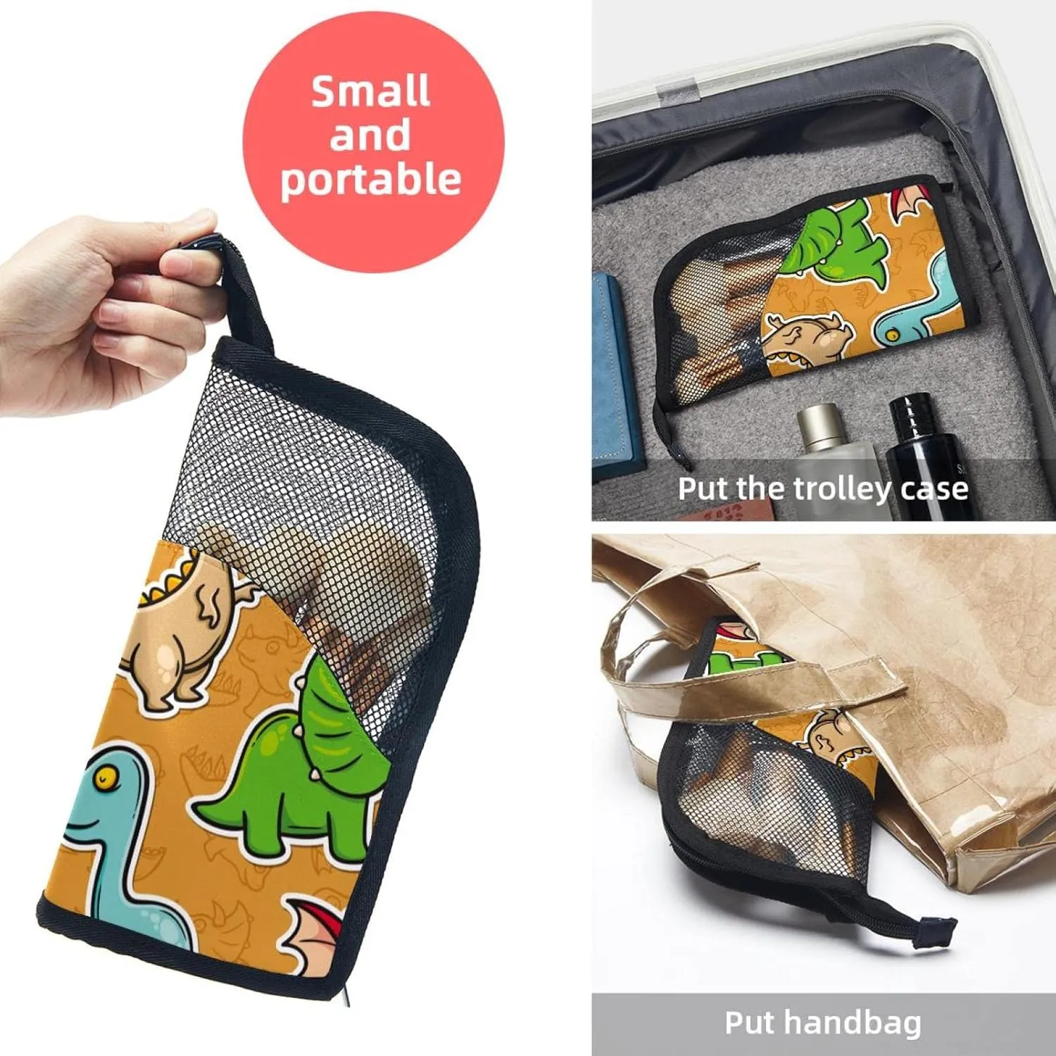 Travel Makeup Brush Holder, Large Stand-Up Makeup Brush Case, Professional Brush Organizer Foldable Makeup Artist Brush Storage Bag - Colorful Beast Dinosaur Orange