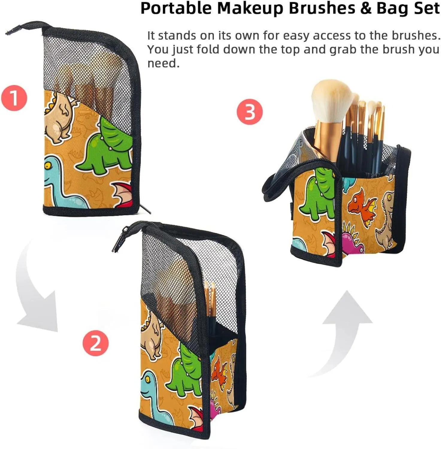 Travel Makeup Brush Holder, Large Stand-Up Makeup Brush Case, Professional Brush Organizer Foldable Makeup Artist Brush Storage Bag - Colorful Beast Dinosaur Orange