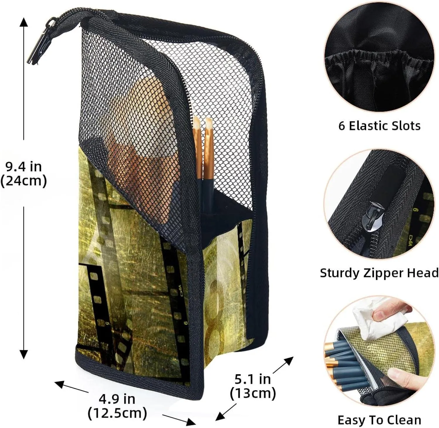 Travel Makeup Brush Holder, Large Stand-Up Makeup Brush Case, Professional Brush Organizer Foldable Makeup Artist Brush Storage Bag - Retro Movie Print