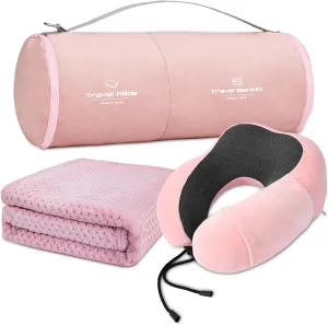 Travel Pillow and Blanket Set Neck Pillow Airplane Memory Foam for Traveling Compact with Bag Pink