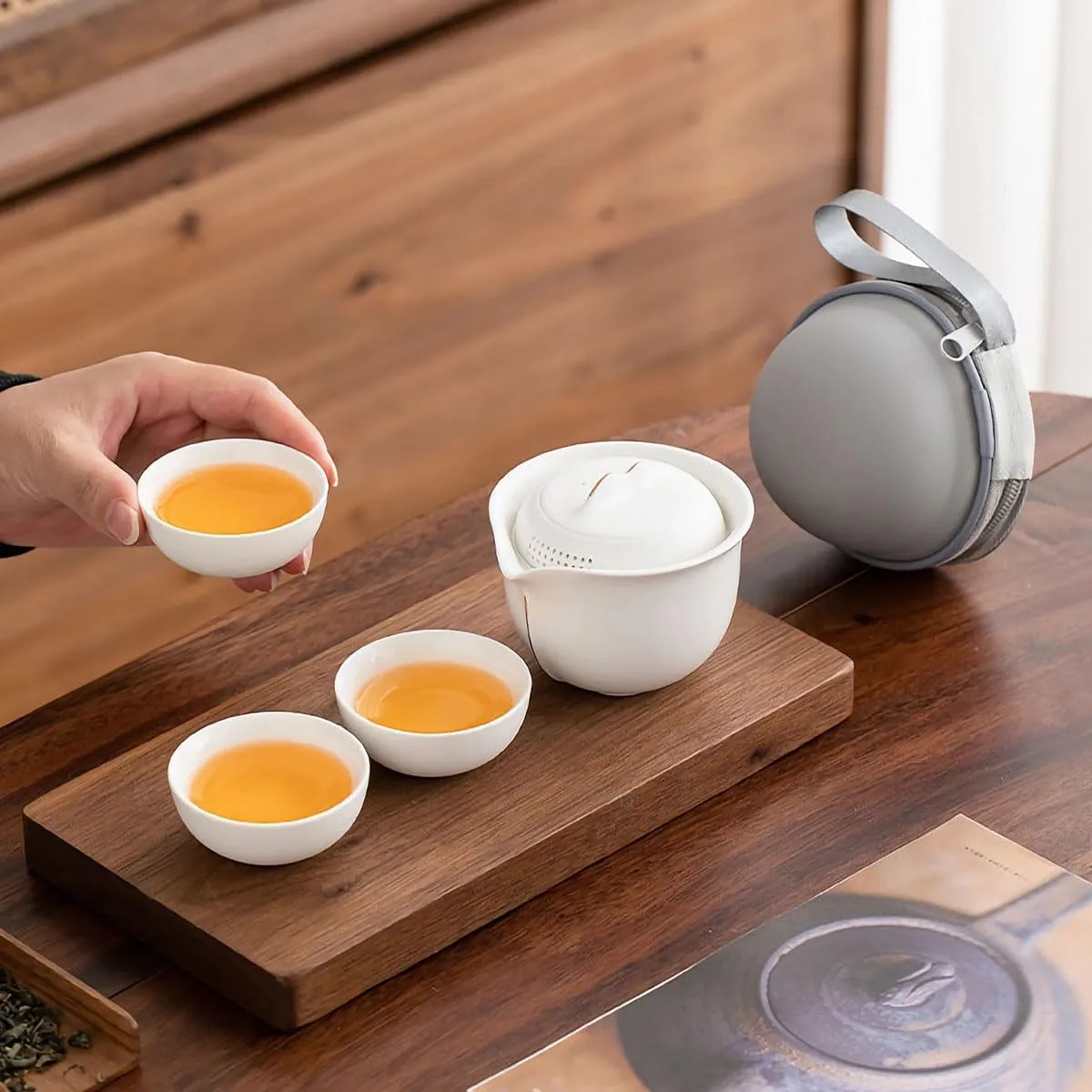 Travel Tea Set Ceramic Tea Pot Set Chinese Kung Fu Teapot Porcelain Gongfu Teacups Frosted Glazed Tea Cup, Portable Bag 1 Pot 3 Mini Cup All in One for Home Office Outdoor Picnic Camping Hotel, White