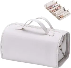 Travel Toiletry Makeup Bag PU Leather 4 Clear Detachable, Roll up Hanging Makeup Bag Leather, Multi Compartment Leather Waterproof Foldable Elegant Cosmetic Bag Detachable, White