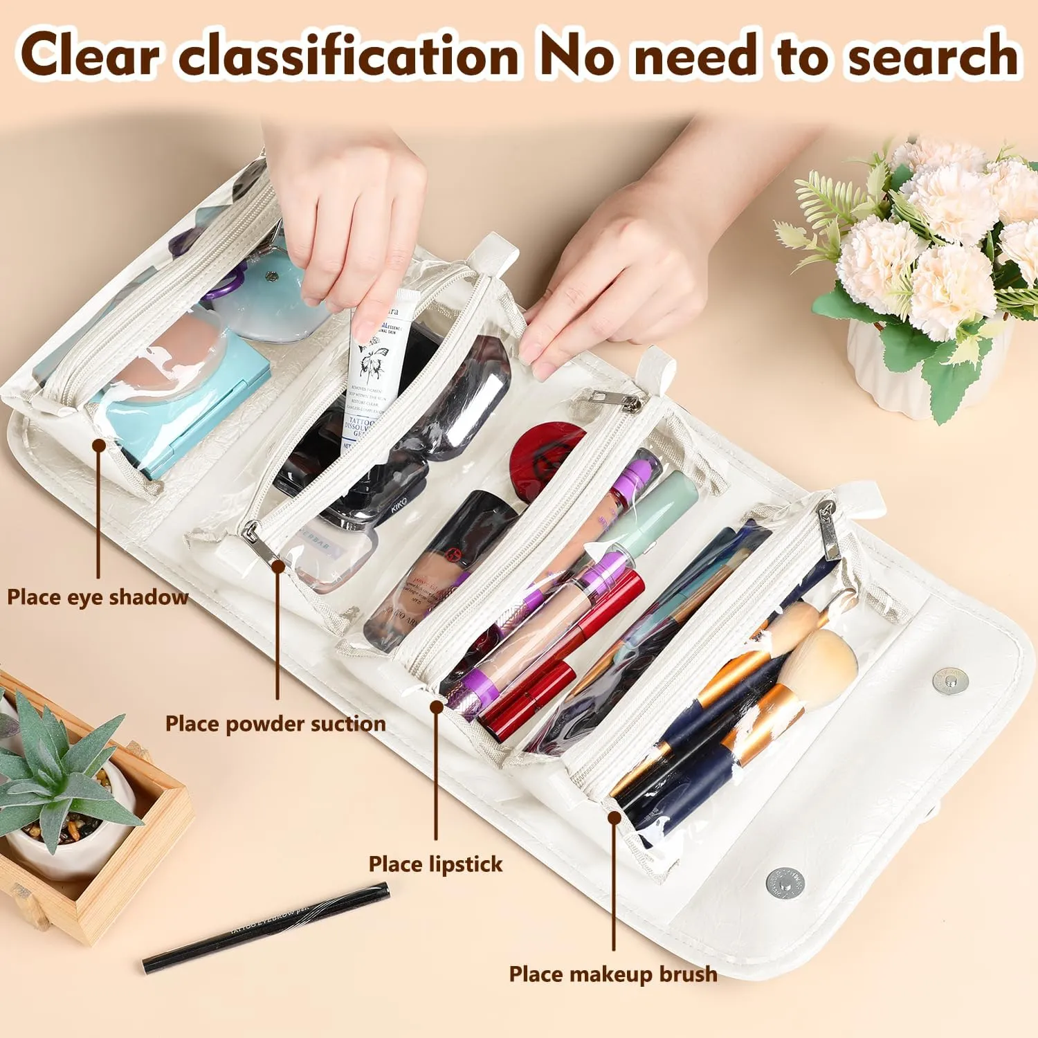 Travel Toiletry Makeup Bag PU Leather 4 Clear Detachable, Roll up Hanging Makeup Bag Leather, Multi Compartment Leather Waterproof Foldable Elegant Cosmetic Bag Detachable, White