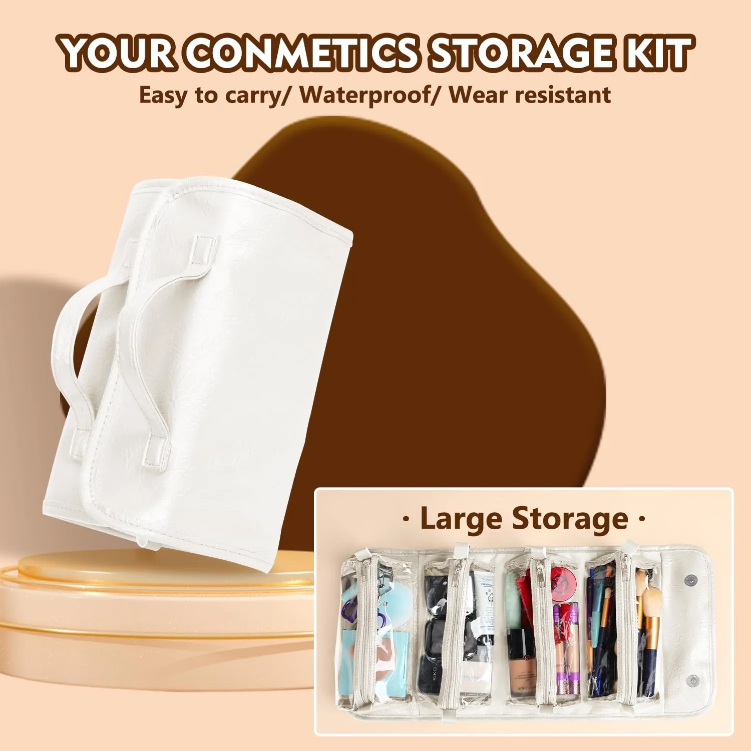 Travel Toiletry Makeup Bag PU Leather 4 Clear Detachable, Roll up Hanging Makeup Bag Leather, Multi Compartment Leather Waterproof Foldable Elegant Cosmetic Bag Detachable, White