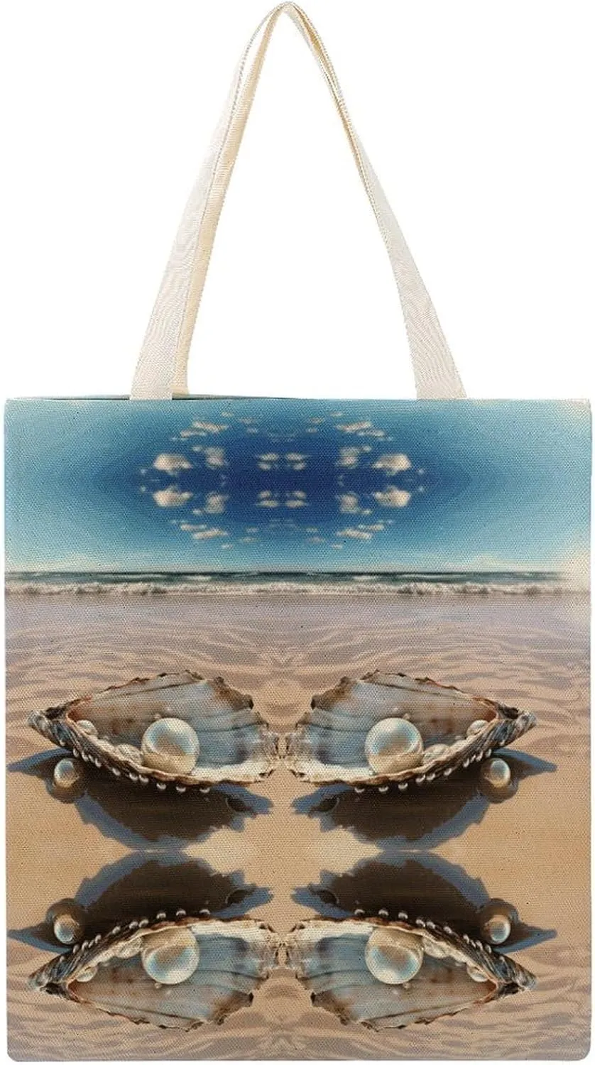 Travel Tote Bags for Women,beach Tote Bag,Ocean Beach Mussel Pearl Printed Shoulder Handbag,suitable for Shopping,travel.