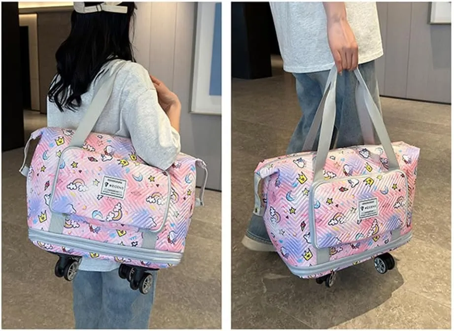Travel Tote Bags with Trolley Sleeve Expandable Extra Waterproof Rainbow Oxford Duffel Bag with Wheels