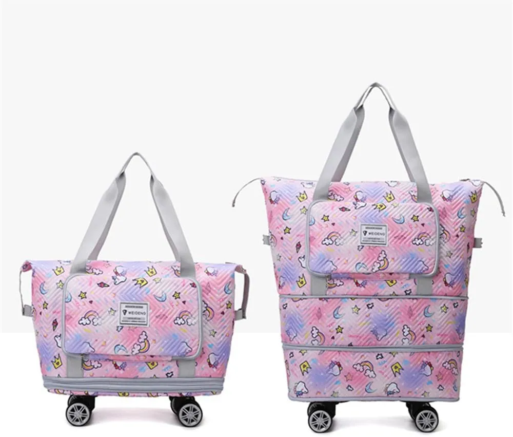 Travel Tote Bags with Trolley Sleeve Expandable Extra Waterproof Rainbow Oxford Duffel Bag with Wheels