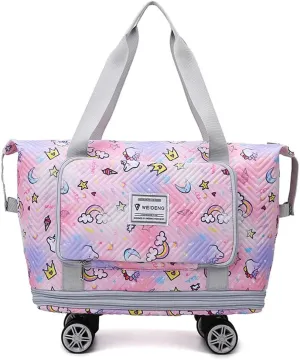 Travel Tote Bags with Trolley Sleeve Expandable Extra Waterproof Rainbow Oxford Duffel Bag with Wheels