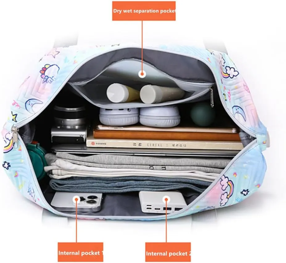 Travel Tote Bags with Trolley Sleeve Expandable Extra Waterproof Rainbow Oxford Duffel Bag with Wheels