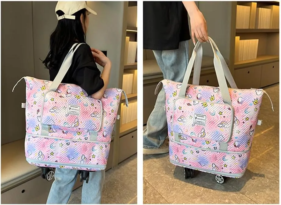 Travel Tote Bags with Trolley Sleeve Expandable Extra Waterproof Rainbow Oxford Duffel Bag with Wheels