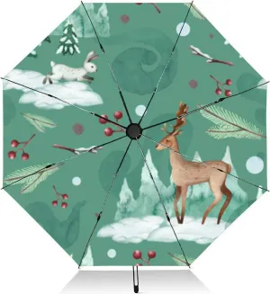 Travel Umbrella for Rain Windproof Cute bear Cartoon Animals forest Automatic Cute Portable Compact Umbrella for Women Purse Backpack Car Black Sun UV Protection