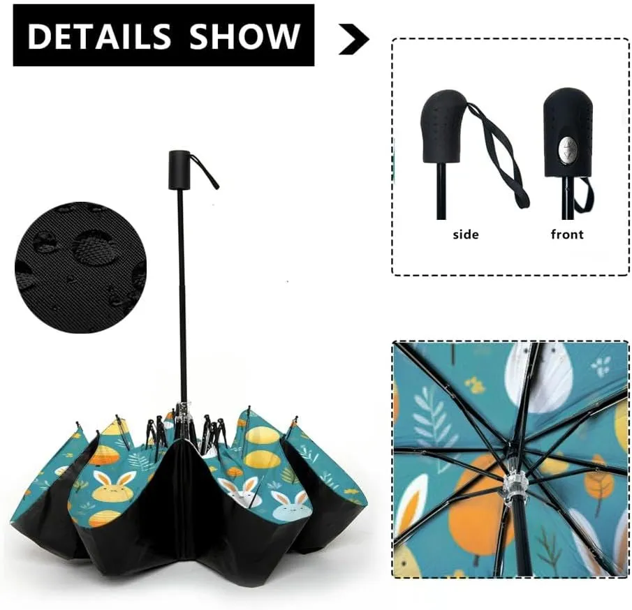 Travel Umbrella for Rain Windproof easter rabbits and eggs teal Simple doodle easter themed Happy Easter Automatic Cute Portable Compact Umbrella for Women Purse Backpack Car Black Sun UV Protection