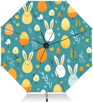 Travel Umbrella for Rain Windproof easter rabbits and eggs teal Simple doodle easter themed Happy Easter Automatic Cute Portable Compact Umbrella for Women Purse Backpack Car Black Sun UV Protection