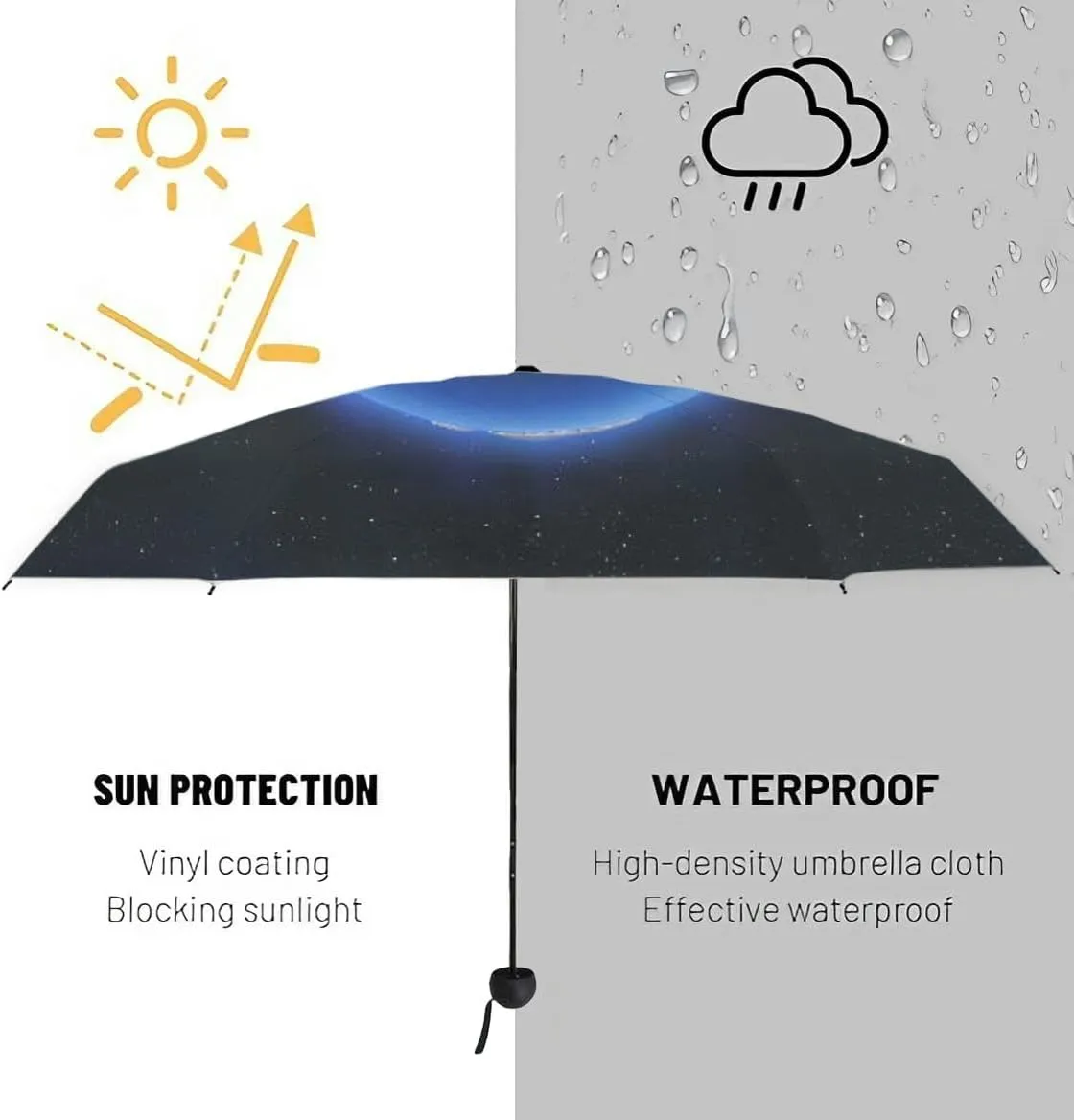 Travel Umbrella for Rain Windproof Majestic view sea and moon at night Cute Portable Compact Mini Umbrella for Women Purse Backpack Car Black Sun UV Protection