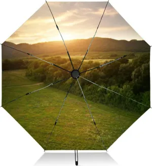 Travel Umbrella for Rain Windproof Scenic landscape sunset an two trees at summer evening Automatic Cute Portable Compact Umbrella for Women Purse Backpack Car Black Sun UV Protection
