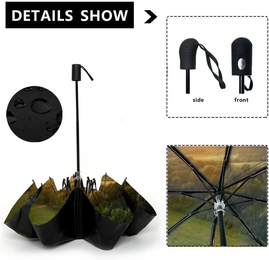 Travel Umbrella for Rain Windproof Scenic landscape sunset an two trees at summer evening Automatic Cute Portable Compact Umbrella for Women Purse Backpack Car Black Sun UV Protection