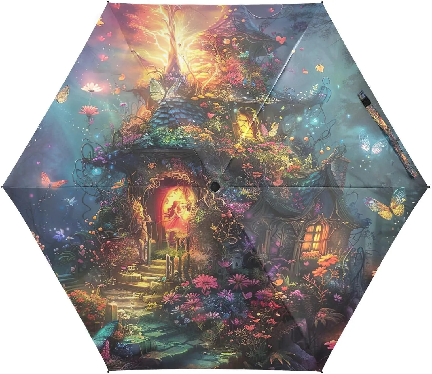 Travel Umbrella UV Protection, Windproof Compact Umbrella for Purse, Backpack Purse Portable, Ideal for Women, Vibrant Fairy House