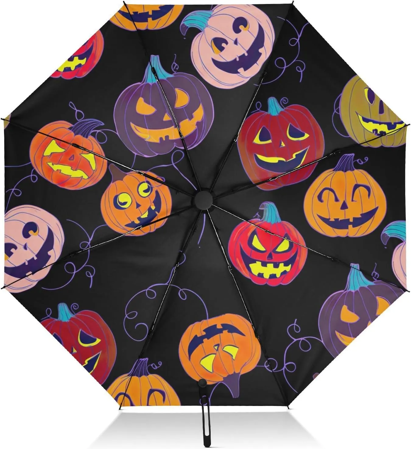 Travel Umbrella Windproof Collapsible Umbrella Compact Travel, Umbrellas for Backpacks/Handbags, Rain, Wind and Sun, Funny Halloween Pumpkins Black