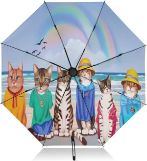 Travel Umbrella Windproof Compact Umbrella for Purse, Umbrellas for Backpacks/Handbags, Rain, Wind and Sun, Funny Cats Animals Beach