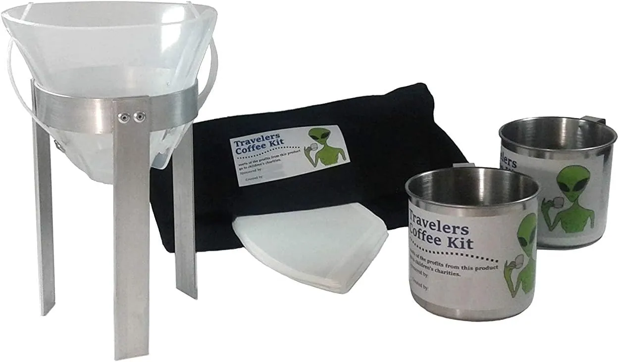 Travelers Coffee Kit (Pour Over Coffee Maker - Portable, Lightweight, Compact, Durable - For Camping, Backpackers, Also For Home and Hotel Coffee Alternative - includes HV Black Canvas Bag)